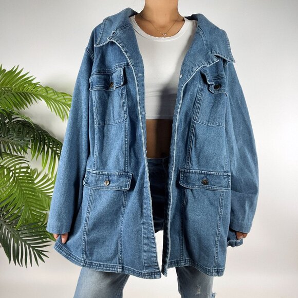 Vintage 90s Grunge Indie Casual Oversized Mid Wash Denim Utility Jacket / L - Picture 1 of 7